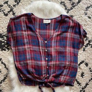 Short Sleeve Maroon & Navy Plaid V-Neck Tie Front